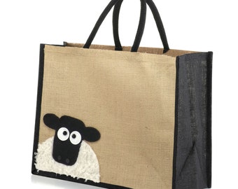 Large Jute Hessian Burlap Peekaboo Sheep Black Trim Tote Shopping Bag - Height 32cm x Width 42cm x Depth 18cm