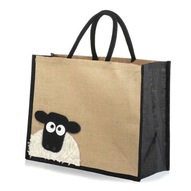 Large Jute Hessian Burlap Cute Peekaboo Sheep Tote Shopping Bag