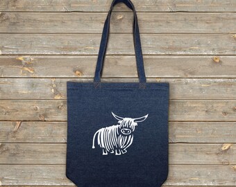 Blue Denim Long Handle Tote Shopping Bag (12oz) - White Highland Cow Coo Motif - Height 42cm x Width 38cm