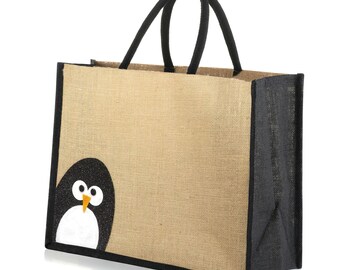 Large Jute Hessian Burlap Peekaboo Penguin Black Trim Tote Shopping Bag - Height 32cm x Width 42cm x Depth 18cm