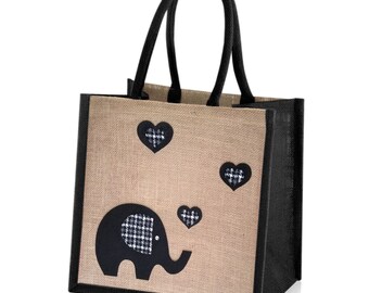 Medium Jute Hessian Burlap Elephant Black Trim Tote Shopping Bag - Height 30cm x Width 30cm x Depth 23cm