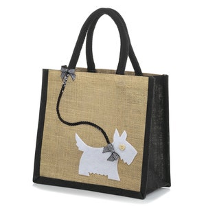 Small Jute Hessian Burlap Black Trim Lunch Bag - Scottie Design - Height 24cm x Width 26cm x Depth 17cm - White on Black