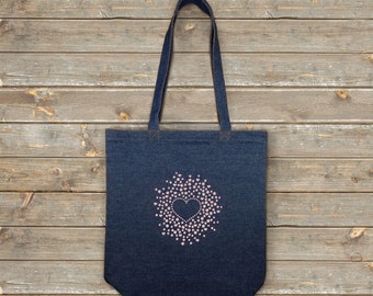 Blue Denim Long Handle Tote Shopping Bag (12oz) - Rose Gold Glitter Heart Motif - Height 42cm x Width 38cm