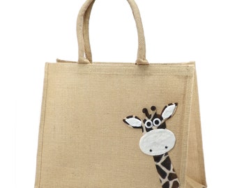 Large Jute Hessian Burlap Peekaboo Giraffe Tote Shopping Bag - Height 32cm x Width 42cm x Depth 18cm