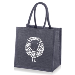 Medium Jute Hessian Grey Shopping Bag - White Printed Sheep Motif - Height 30cm x Width 30cm x Depth 23cm