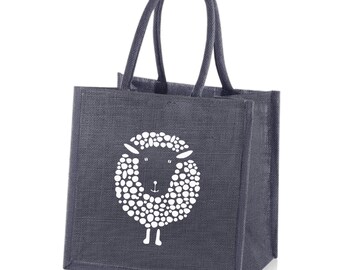 Medium Jute Hessian Grey Shopping Bag - White Printed Sheep Motif - Height 30cm x Width 30cm x Depth 23cm