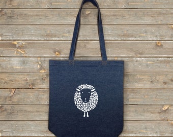 Blue Denim Long Handle Tote Shopping Bag (12oz) - White Sheep Motif - Height 42cm x Width 38cm