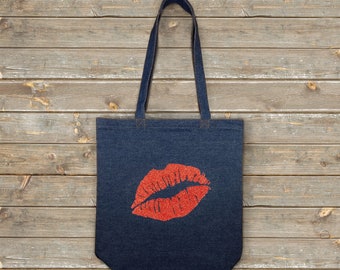 Blue Denim Long Handle Tote Shopping Bag (12oz) - Red Sparkle Lips Motif - Height 42cm x Width 38cm