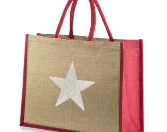 Large Red Trim Jute Hessian Tote Shopping Bag - Silver Sparkly Star Motif - Height 32cm x Width 42cm x Depth 18cm