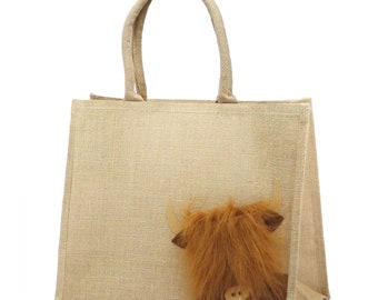 Large Jute Hessian Burlap Peekaboo Highland Cow / Coo Tote Shopping Bag - Height 32cm x Width 42cm x Depth 18cm