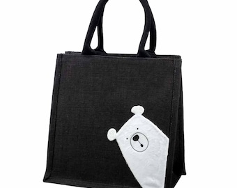 Medium Jute Hessian Burlap Peekaboo Polar Bear Black Tote Shopping Bag - Height 30cm x Width 30cm x Depth 23cm