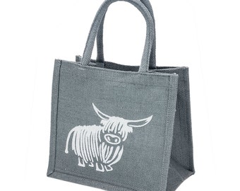 Small Jute Hessian Grey Lunch Bag - White Printed Highland Cow Motif - Height 24cm x Width 26cm x Depth 17cm