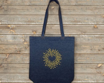 Blue Denim Long Handle Tote Shopping Bag (12oz) - Glitter Gold Heart Motif - Height 42cm x Width 38cm