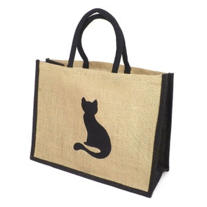 Large Printed Cat Silhouette on a Black Trim Jute Hessian Shopping Bag - Height 32cm x Width 42cm x Depth 18cm