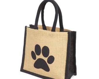 Small Printed Dog Paw on a Black Trim Jute Hessian Lunch Bag - Height 24cm x Width 26cm x Depth 17cm