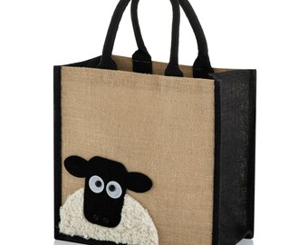 Medium Jute Hessian Burlap Peekaboo Sheep Black Trim Tote Shopping Bag - Height 30cm x Width 30 cm x Depth 23cm