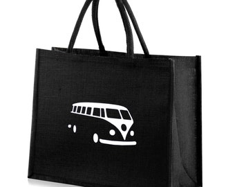 Large Jute Hessian Black Shopping Bag - White Campervan Motif - Height 32cm x Width 42cm x Depth 18cm