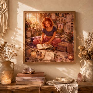 May include: A framed wall art print depicting a person with curly red hair sitting on the floor, writing in a journal. The scene includes a purple top, pink pants, scattered papers, books, a candle, and dried flowers in a sunlit room setting.