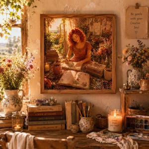 May include: A square framed wall art print depicting a person with red hair writing in a book at a desk surrounded by flowers, books, and art supplies. The scene features warm, golden lighting, floral arrangements in ceramic vases, and stacked books.