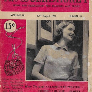 May include: A vintage magazine cover for "The Workbasket" from August 1951, featuring a woman and text. The cover is red with the magazine title in black, and includes text about home and needlecraft. A basket of yarn and scissors are shown.