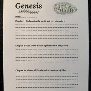 May include: A white paper with the title "Genesis" in a black, stylized font. The text includes chapter titles and lined spaces for writing. A word cloud graphic features words like "God," "Adam," and "Eve."