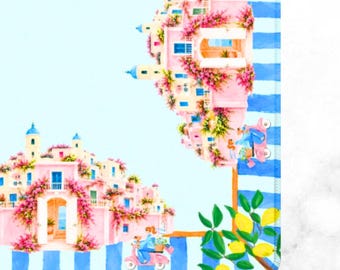 Amalfi Coast Mahjong Mat Positano Coastal Design, Italian Vespa and Lemon Cabana Pattern, Summer Hostess Gift