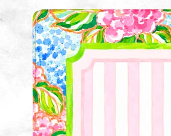 Hydrangea Mahjong Mat Blue Stripe Pattern, Pink Floral Watercolor Design, Preppy Garden Party Style, American Mahjong Table Mat