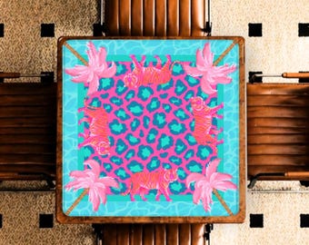 Teal Mahjong Mat Tropical Tiger Leopard Pattern, Pink Poolside Palm Tree Design, American Mahjong Table Mat with Rules