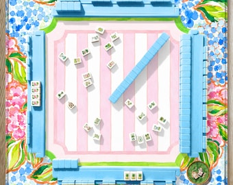 Hydrangea Mahjong Mat Blue Stripe Pattern, Pink Floral Watercolor Design, Preppy Garden Party Style, American Mahjong Table Mat