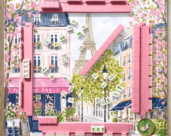 Tapete de Mahjong con estilo parisino, tapete con diseño de la Torre Eiffel y floristería rosa, tapete de Mahjong parisino pintado a mano, regalo ideal para jugar al Mahjong en Europa durante los viajes de verano.
