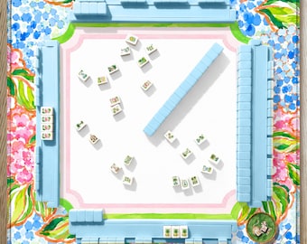 Tapis de mahjong hortensia en néoprène, motif floral bleu peint à la main rose, cadeau de mahjong pour hôtesse de garden-party grand millénaire
