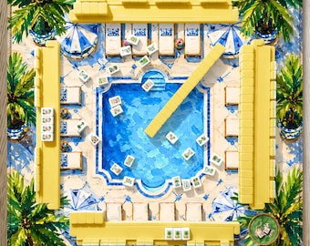 Stampa su tappetino da Mahjong a bordo piscina con motivo cabana blu e bianca, tappetino da Mahjong per le vacanze, regalo per la padrona di casa per un compleanno a tema Mahjong.