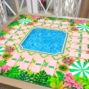 Beverly Hills Mahjong Mat Poolside Tropical Design, Palm Beach Cabana Pattern, Preppy Resort Style Table Mat