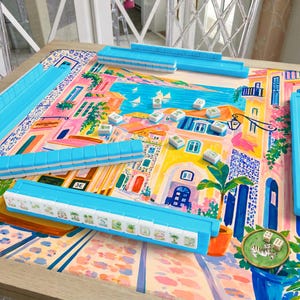 Lisbon Pink Mahjong Mat, Hand Painted Portugal Blue Mat, Coastal Travel Mahjong Gift