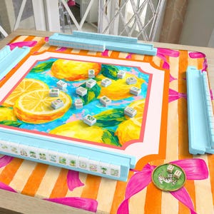 Teal Mahjong Mat Lemon Citrus Pattern, Orange Stripe Pink Ribbon Design, American Mahjong Table Mat, Preppy Gift