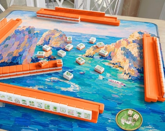 Los Cabos Blue Mahjong Mat Hand Painted Ocean Scene, Cabo Arch Coastal Mat, Mexico Travel Hostess Gift for her or him