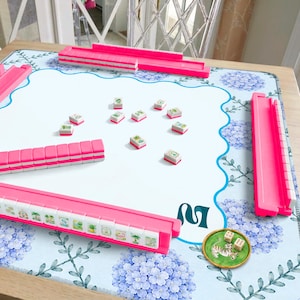 Coastal Hamptons Mahjong Mat, Blue Hydrangea Garden Mat, Birthday Gift for Mahjong Lovers or Hosts