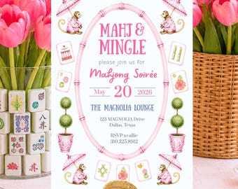 Mahjong-Turniereinladung, rosa Chinoiserie Mahjong-Party einladen, bearbeitbare Girls Night Event-Vorlage mit Tischnummer