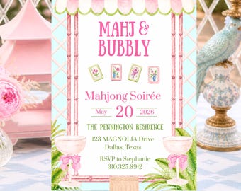 Mahjong-Einladungsvorlage, Palm Beach Mahjong-Party einladen, rosa Bambus-Soirée-Bearbeitbare Einladung