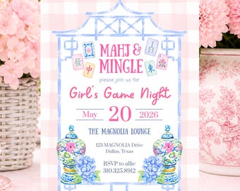 Mahjong Social Club Einladung, Chinoiserie Mahjong Girls Night Invite, bearbeitbare Turnierparty Vorlage