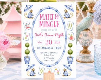 Mahjong Girls Night Einladung, Chinoiserie Affe Mahjong Party einladen, Blau bearbeitbare Vorlage