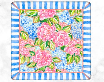 Hydrangea Mahjong Mat Blue Stripe Pattern, Pink Floral Watercolor Design, Preppy Garden Party Style, American Mahjong Table Mat