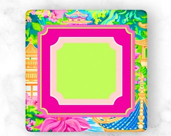 Chinoiserie Mahjong Mat Pagoda Garden Design, Pink Green Pattern, American Mahjong Table Mat, Preppy Gift Idea