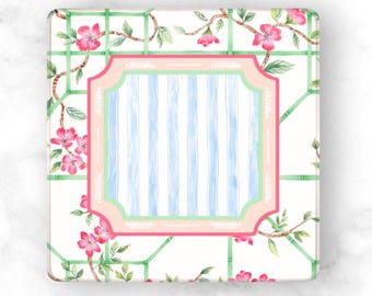 Chinoiserie Mahjong Mat Bamboo Trellis Pattern, Blue Stripe Floral Blossom Design, American Mahjong Table Mat, Preppy Gift Idea