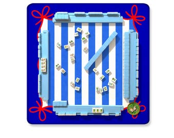 Blue Stripe Mahjong Mat, 4th of July Patriotic Design with Red Ribbon Border, Preppy USA Gift