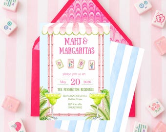 Mahjong Margarita Party-Einladung, tropisches Mahjong-Briefpapier, Cabana-Cocktailnacht bearbeitbar einladen