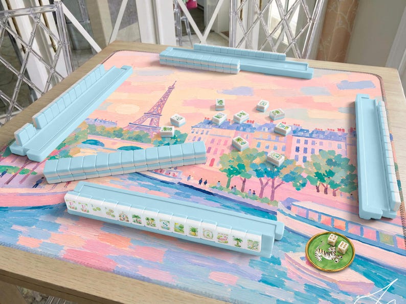 Paris Mahjong Mat, Pink and Blue Hand Painted Eiffel Tower Mat, Parisian Chic Seine River Scene, Hostess Mahjong Gift for her
