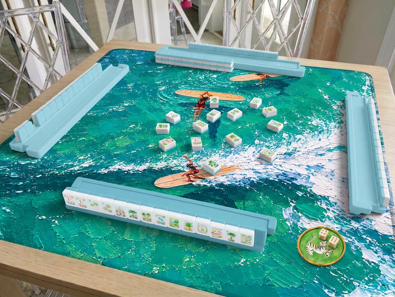 Teal Summer Surfing Mahjong Mat, Coastal Ocean Artwork, Vacation Inspired Mahjong Gift, Hostess Gift