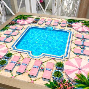 Pink Cabana Mahjong Mat Palm Beach Pool, Green Tropical Resort Mat, Mahjong Birthday Gift