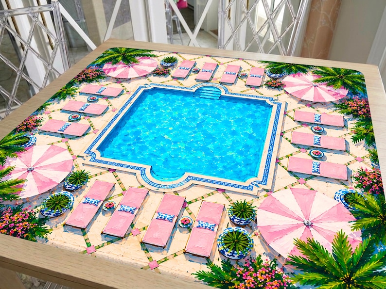 Pink Cabana Mahjong Mat Palm Beach Pool, Green Tropical Resort Mat, Mahjong Birthday Gift